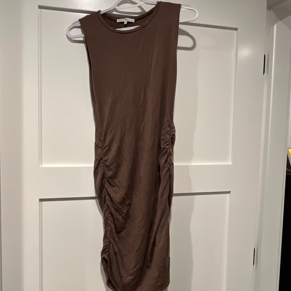 Brown Asymmetrical Ruched Midi Dress